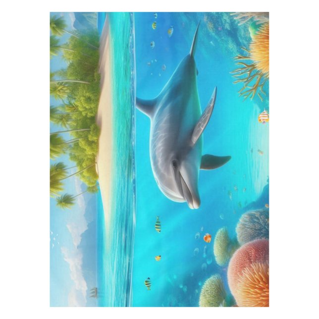 Tropical/Hawaii colourful underwater dolphin Tablecloth (Front)