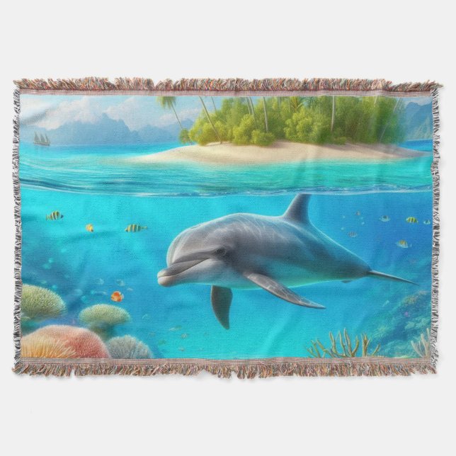 Tropical/Hawaii colourful underwater dolphin Throw Blanket (Front)