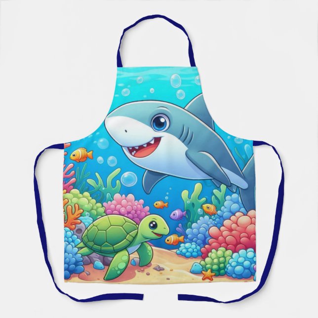 Tropical/Hawaii colourful underwater shark & turtl Apron (Front)