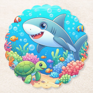 Tropical/Hawaii colourful underwater shark & turtl Paper Coaster