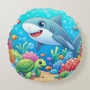 Tropical/Hawaii colourful underwater shark & turtl Round Cushion