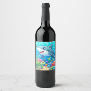 Tropical/Hawaii colourful underwater shark & turtl Wine Label