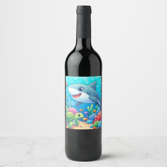 Tropical/Hawaii colourful underwater shark & turtl Wine Label (Front)