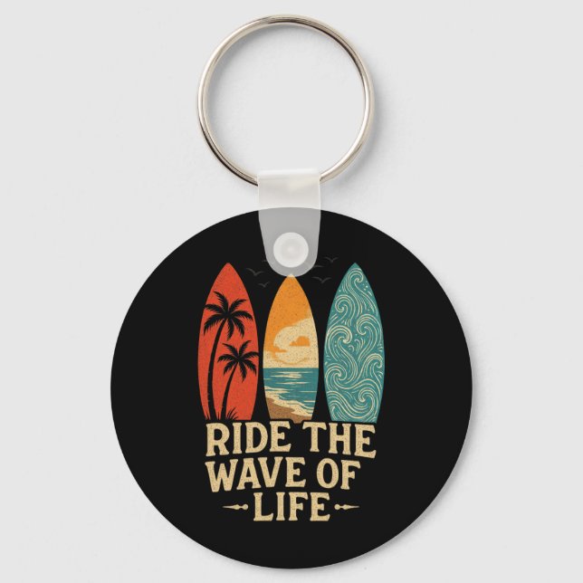 Tropical Hawaii Palm Tree Surfing Beach Surfboard  Key Ring (Front)