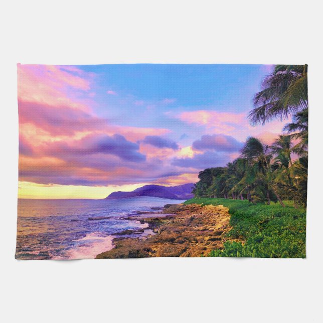 Tropical Hawaii Seashore Sunset Tea Towel (Horizontal)