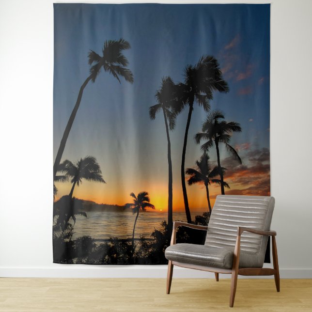 Tropical Hawaii Sunset Palm Trees Photo Backdrop Tapestry (In Situ)