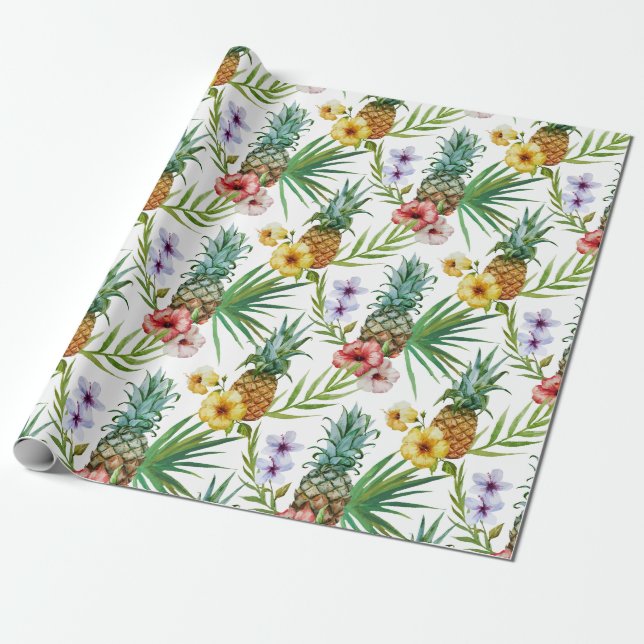 Tropical hawaii theme watercolor pineapple pattern wrapping paper (Unrolled)