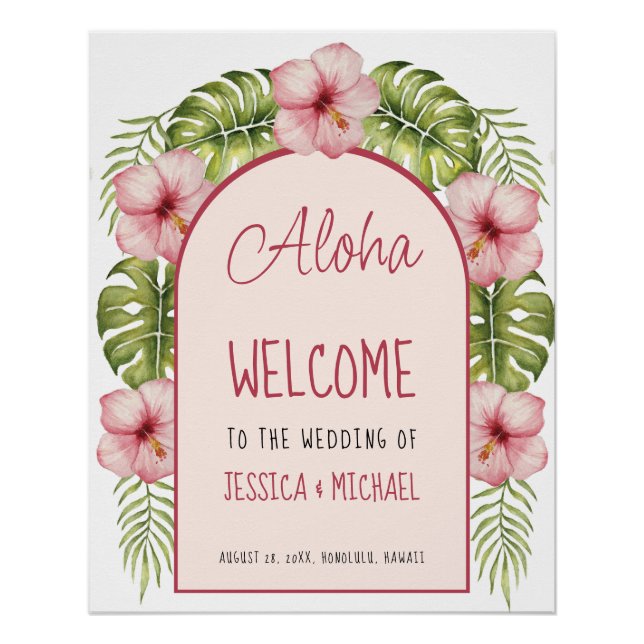 Tropical Hawaii Wedding Welcome Sign Floral Aloha  (Front)