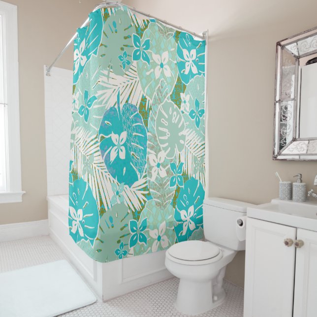 Tropical hawaiian aloha print shower curtain (In Situ)