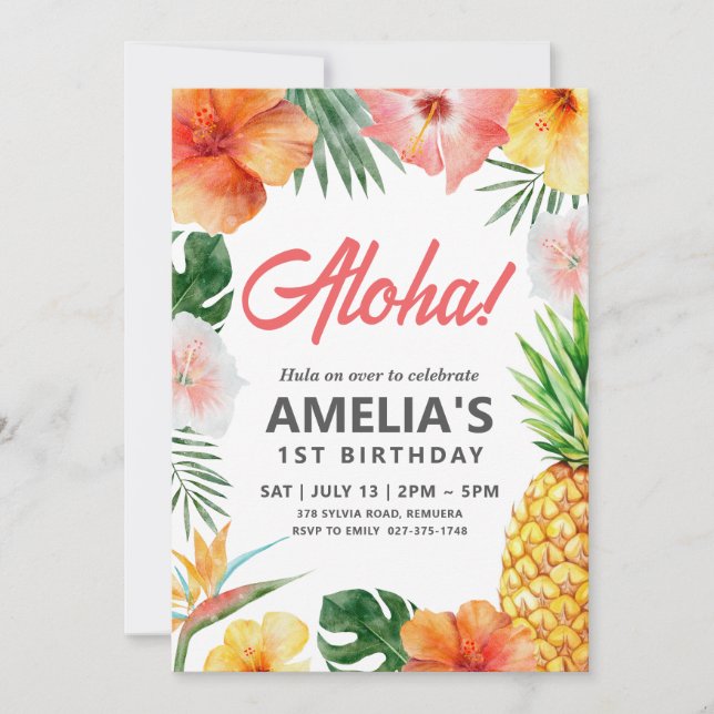 Tropical Hawaiian Birthday Party Invitation  (Front)