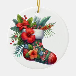 TROPICAL HAWAIIAN CHRISTMAS STOCKING & HIBISCUS CERAMIC TREE DECORATION