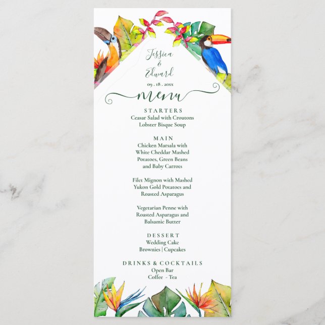 Tropical Hawaiian Floral Birds Wedding Menu (Front)