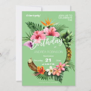 Tropical Hawaiian Floral Birthday Party Green Invitation