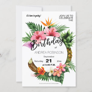 Tropical Hawaiian Floral Birthday Party White Invitation