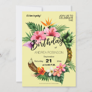 Tropical Hawaiian Floral Birthday Party Yellow Invitation