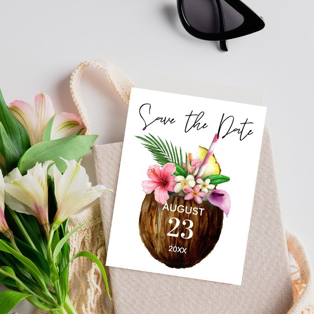 Tropical Hawaiian Floral & Coconut Save the Date Postcard (Creator Uploaded)