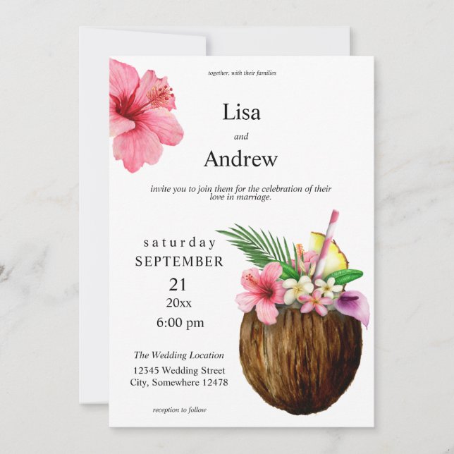 Tropical Hawaiian Floral & Coconut Wedding Invitation (Front)