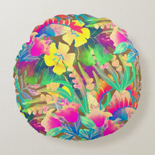 Tropical Hawaiian floral colourful summer Round Cushion (Front)