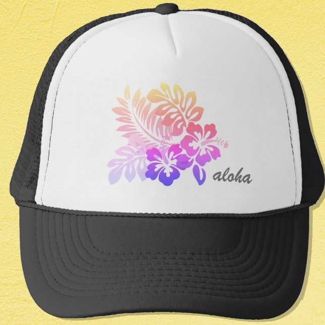 Tropical Hawaiian Floral Hibiscus Aloha Script Trucker Hat ("Everyday is abundantly beautiful." 
Sincerely Best Wishes from Lucky Design World)