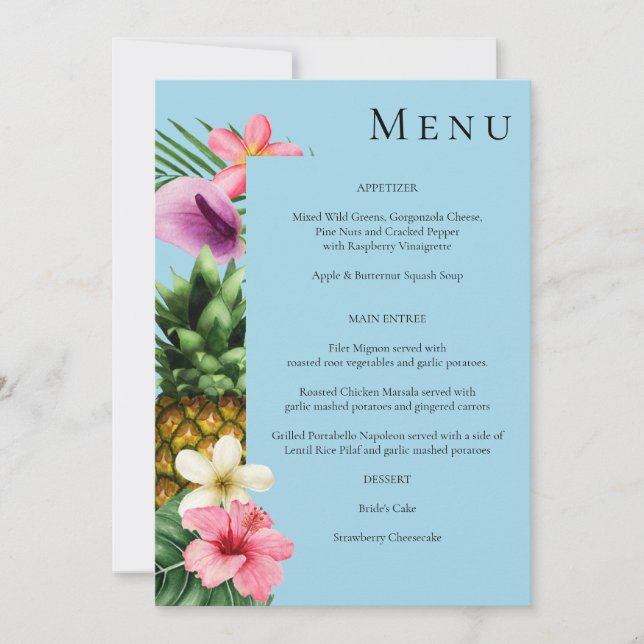 Tropical Hawaiian Floral Menu- Blue Invitation (Front)