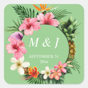 Tropical Hawaiian Floral Monogram- Green Square Sticker