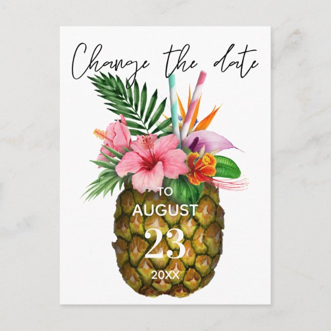 Tropical Hawaiian Floral Pineapple Change the Date Postcard (Front)