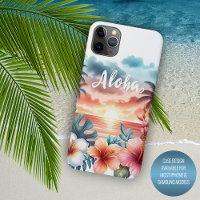 Tropical Hawaiian Floral Sunset Beach Scene