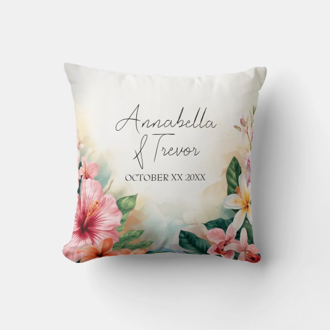 Tropical Hawaiian Flowers Custom Name Wedding Cushion (Front)
