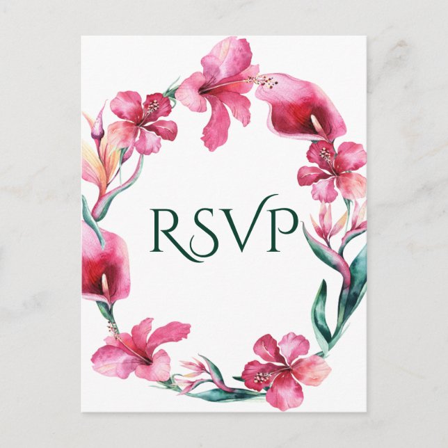 Tropical Hawaiian Flowers Elegant Wedding RSVP Invitation Postcard (Front)
