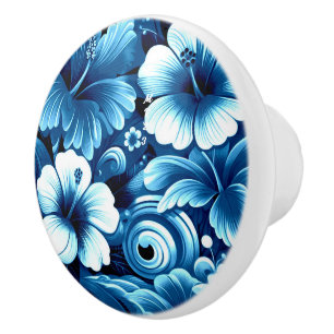 Tropical Hawaiian Flowers Hibiscus Blue Pattern Ceramic Knob
