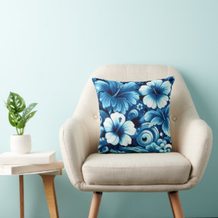 Tropical Hawaiian Flowers Hibiscus Blue Pattern Cushion
