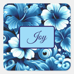Tropical Hawaiian Flowers Hibiscus Blue Pattern Square Sticker