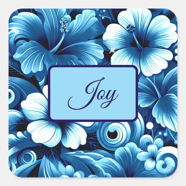 Tropical Hawaiian Flowers Hibiscus Blue Pattern Square Sticker (Front)