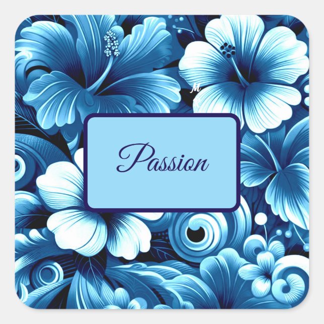 Tropical Hawaiian Flowers Hibiscus Blue Pattern Square Sticker (Front)