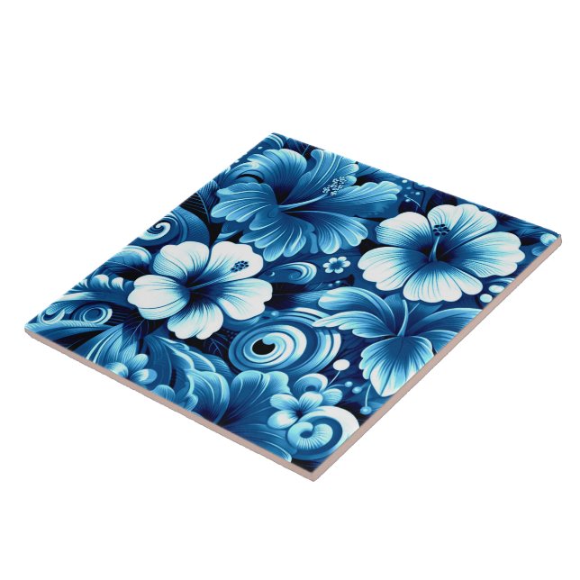 Tropical Hawaiian Flowers Hibiscus Blue Pattern Tile (Side)