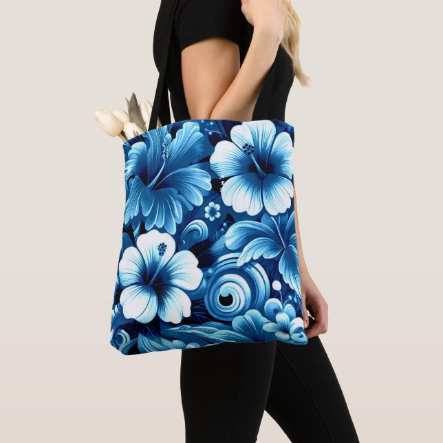 Tropical Hawaiian Flowers Hibiscus Blue Pattern Tote Bag (Close Up)