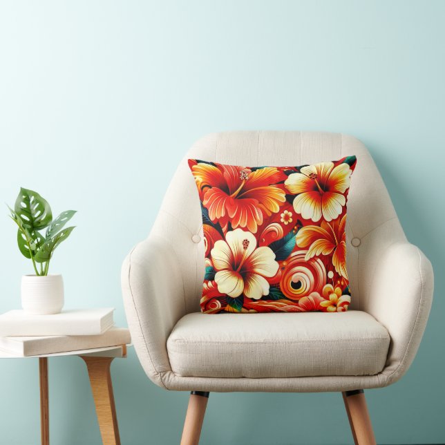 Tropical Hawaiian Flowers Hibiscus Orange Pattern Cushion (Chair)