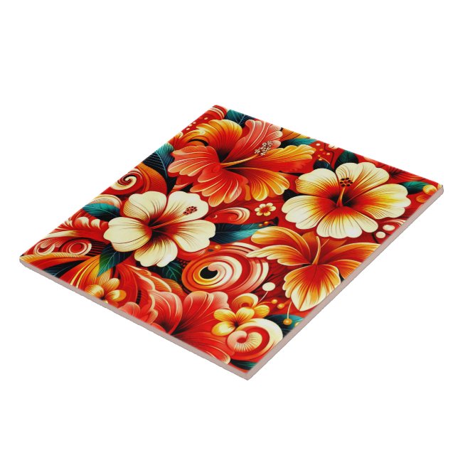 Tropical Hawaiian Flowers Hibiscus Orange Pattern Tile (Side)
