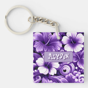 Tropical Hawaiian Flowers Hibiscus Personalised Key Ring