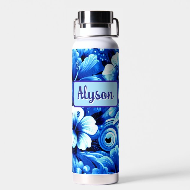 Tropical Hawaiian Flowers Hibiscus Personalised Water Bottle (Back)