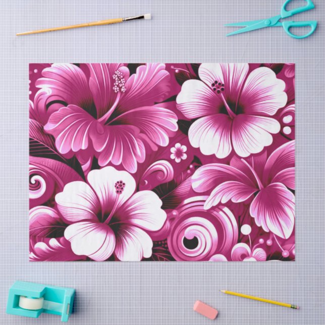 Tropical Hawaiian Flowers Hibiscus Pink Decoupage Tissue Paper (Craft)