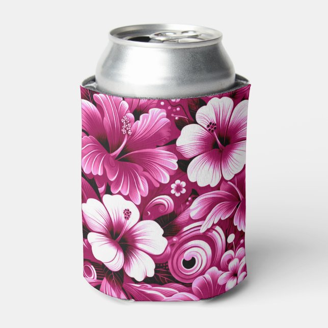 Tropical Hawaiian Flowers Hibiscus Pink Pattern Can Cooler (Can Front)