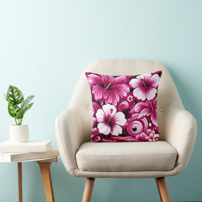 Tropical Hawaiian Flowers Hibiscus Pink Pattern Cushion (Chair)