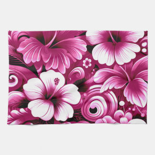 Tropical Hawaiian Flowers Hibiscus Pink Pattern Tea Towel