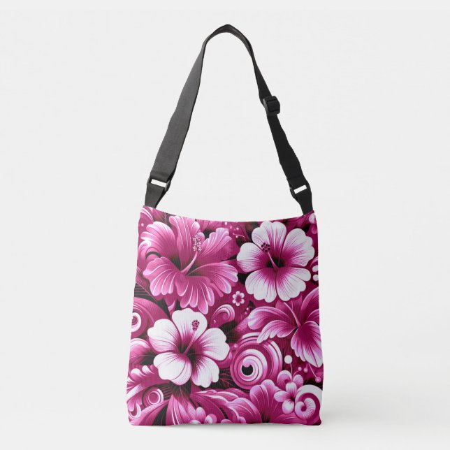 Tropical Hawaiian Flowers Hibiscus Pink White Crossbody Bag (Front)