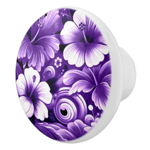 Tropical Hawaiian Flowers Hibiscus Purple Pattern Ceramic Knob