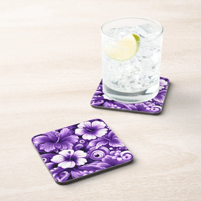 Tropical Hawaiian Flowers Hibiscus Purple Pattern Coaster (Right Side)