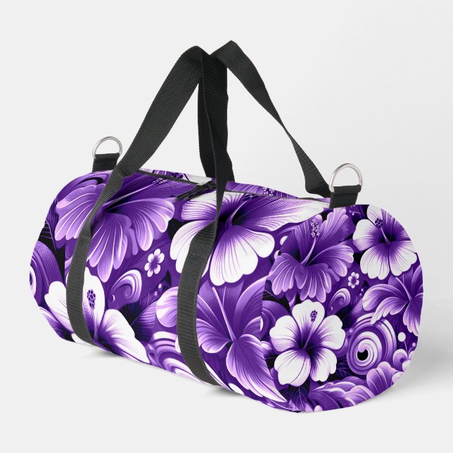 Tropical Hawaiian Flowers Hibiscus Purple Pattern Duffle Bag (Left Corner)