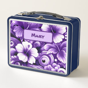 Tropical Hawaiian Flowers Hibiscus Purple Pattern Metal Lunch Box
