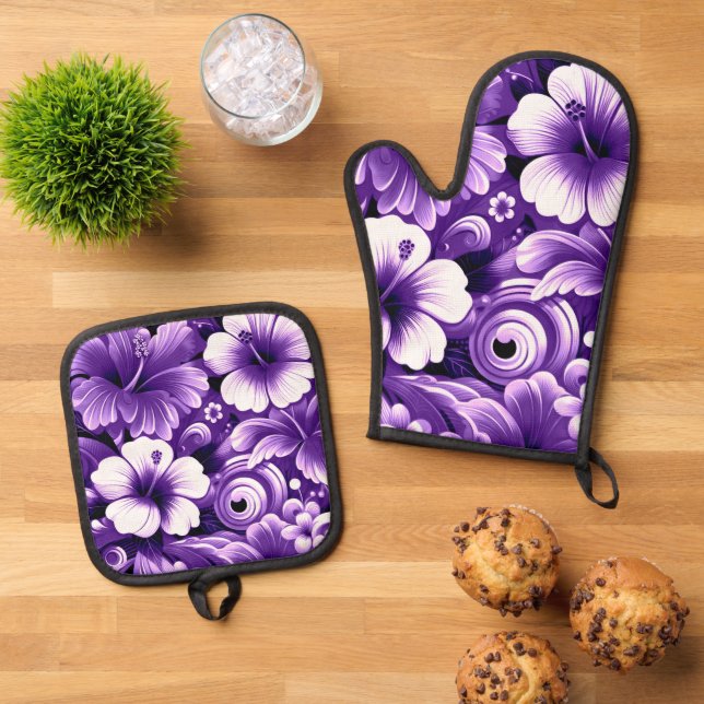 Tropical Hawaiian Flowers Hibiscus Purple Pattern Oven Mitt & Pot Holder Set (Top Down)